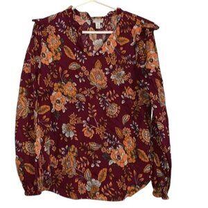 St. Johns Bay Womens Floral Print Long Sleeve Blouse M Burgundy/Orange Rayon Ble